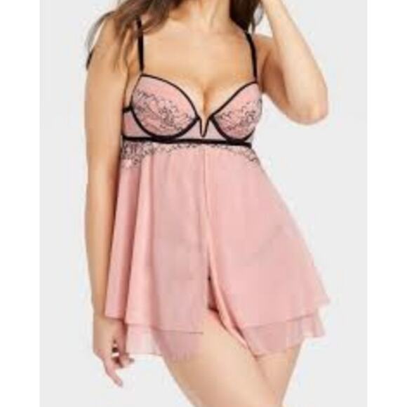 Auden Other - Auden Large Rose Push Up Babydoll Lingerie Coquette Pink Black Lace Underwire